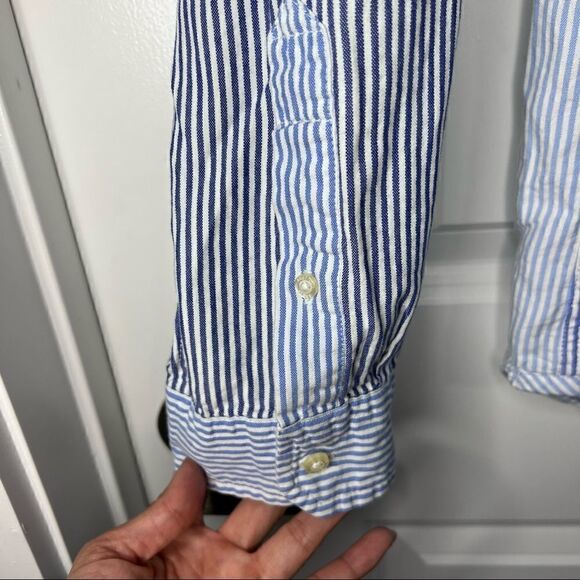 American Eagle Slim Fit Button Front Striped Color Block Shirt - Picture 6 of 6